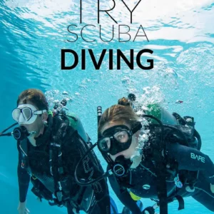 Two scuba divers underwater; try scuba diving.