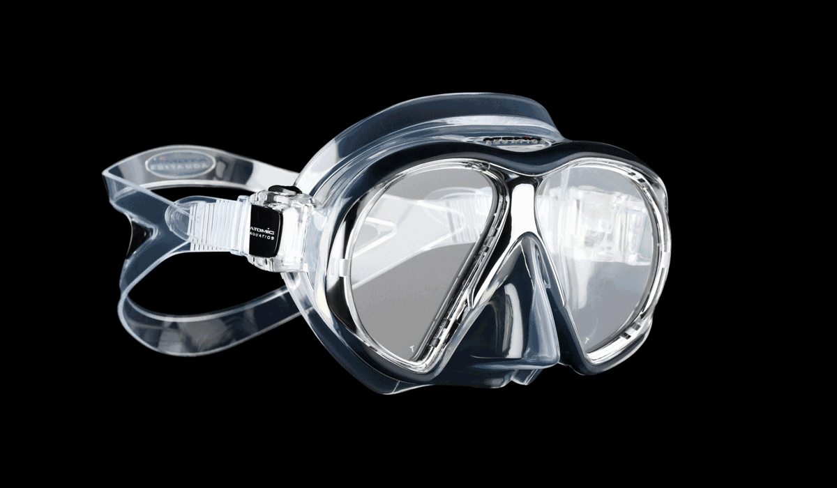 Clear diving mask with black strap.