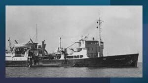 Black and white photo of a ship.