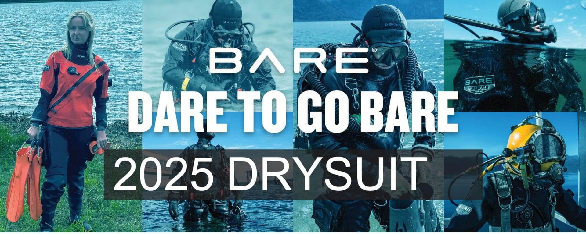 Divers in BARE 2025 drysuits advertisement.