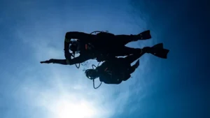 Two scuba divers underwater, silhouetted against sunlight.